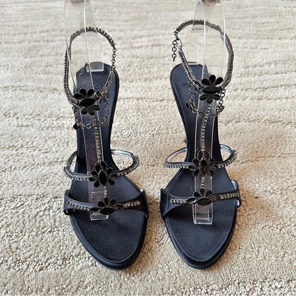 Giuseppe Zanotti Black Satin Rhinestone Enamel Anklet Heel Sandals IT 38.5 NIB - Picture 3 of 17